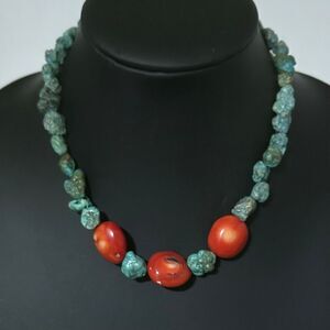 Gorgeous Nugget Turquoise & Coral Beaded 17” Necklace Red Blue Single Strand